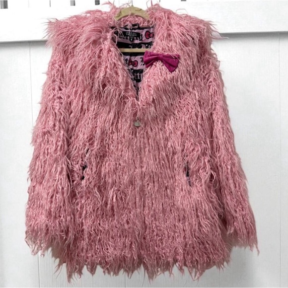 Dolls Kill Jackets & Blazers - Dolls Kill Pink Faux Fur Hello Kitty Shaggy Coat with Bow. Size s